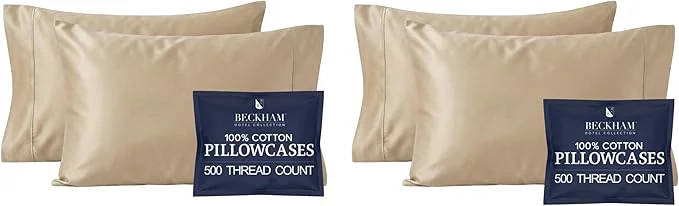 Safe Beckham Hotel Collection Cotton Pillowcases King Size 500TC Sateen Finish Open End Breathable Moisture-Wicking Sand 4 Pieces Relaxed