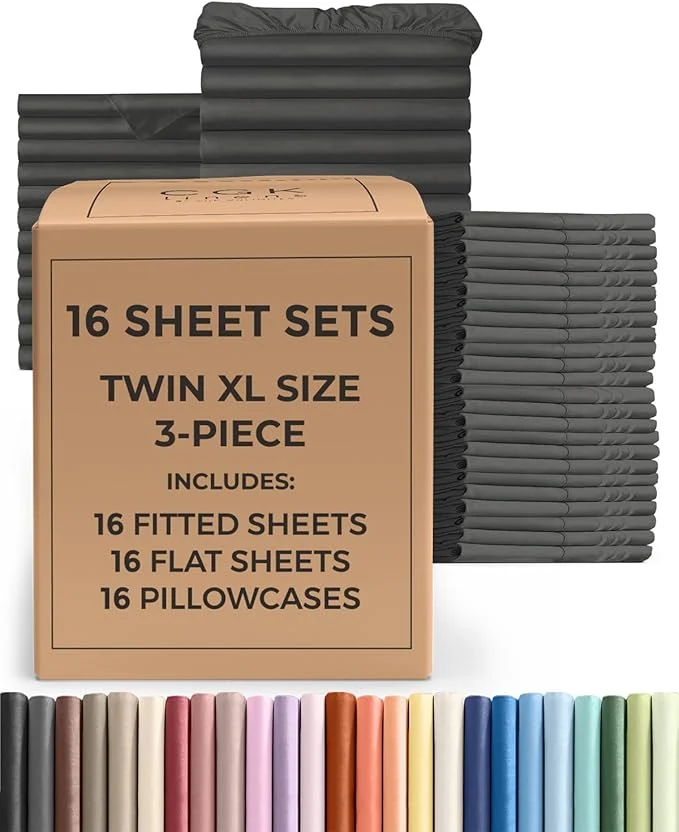 High-End Bulk Case Pack of 16 Sheet Sets – 16 Complete Twin XL Size Sheet Sets w Deep Pockets – Whole Bulk Bedding for Hotels Spas amp Airbnbs – Breathable Cooling amp Wrinkle – Twin XL Charcoal Convenient