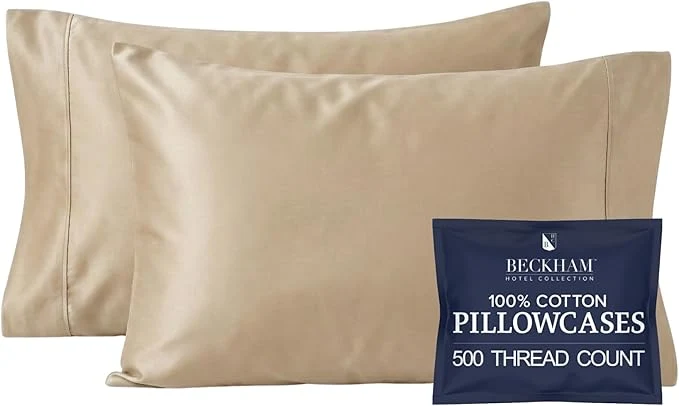 Fine Crafted Beckham Hotel Collection Pillowcases King Size Set of 2 Cool Touch Cotton Sateen Fabric 500TC Silky Smooth amp Soft Open End Sand Breathable