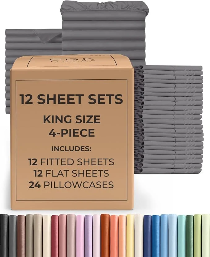 Reusable Bulk Case Pack of 12 Sheet Sets – 12 Complete Sheet Sets – Bulk King Bedding – Whole Case Pack for Hotels Spa amp Airbnbs – Deep Pockets amp Wrinkle – Cooling amp Breathable – King Dark Grey Proven