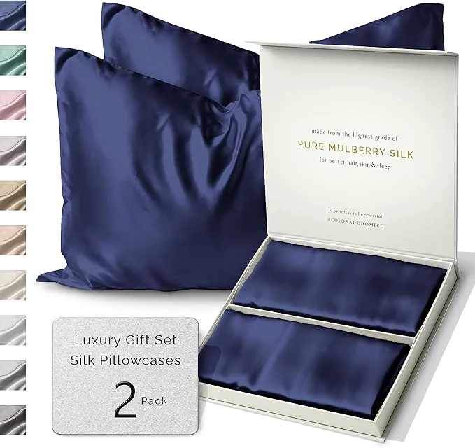 Fashionable SUNDAYSILKS™ Silk Pillow Cases 2 Pack 22 Momme Mulberry Silk Pillowcase Set of 2 All Sides Pure Silk Slip Pillowcases Bliss for Couples Zipper Standard Queen King Size 6A Navy Blue Lightweight