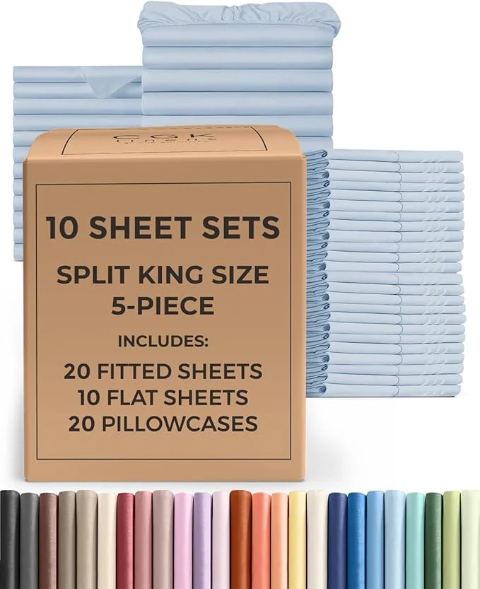 Expertly Made Bulk Case Pack of 10 Sheet Sets – 10 Complete Split King Size Sheet Sets w Deep Pockets – Whole Bulk Bedding for Hotels Spas amp Airbnbs – Breathable and Wrinkle – Split King Sky Blue Enhanced