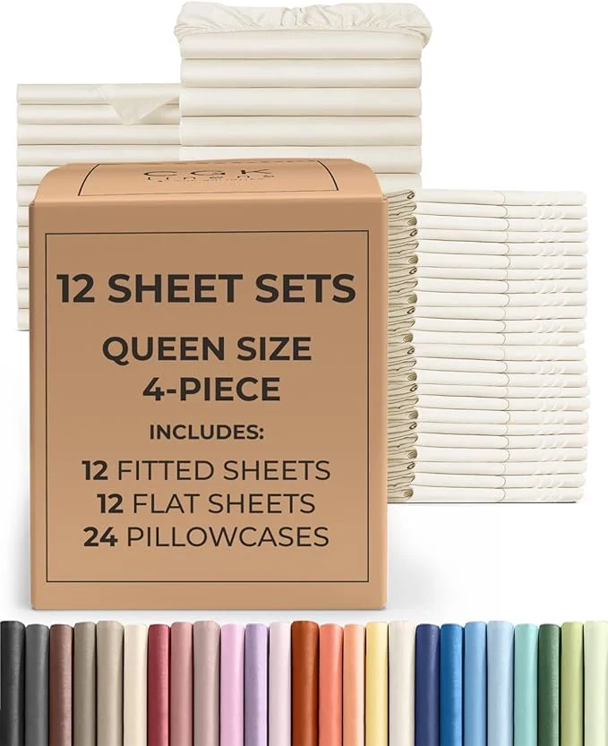 Authentic Bulk Case Pack of 12 Sheet Sets – 12 Complete Queen Size Sheet Sets with Deep Pockets – Whole Bulk Bedding for Hotels Spas amp Airbnbs – Breathable Cooling amp Wrinkle – Queen Off White Recyclable