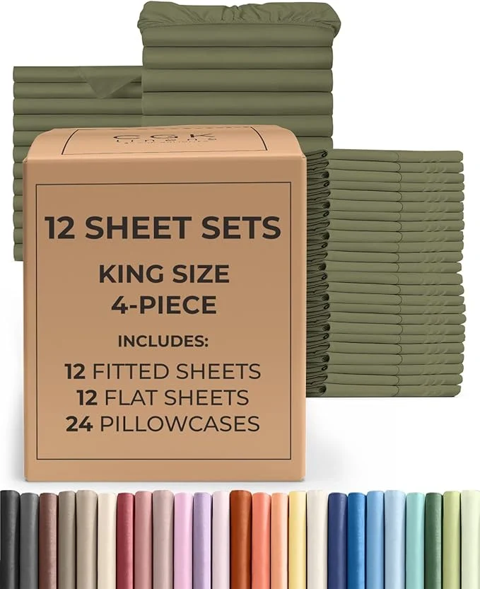Next-Generation Bulk Case Pack of 12 Sheet Sets – 12 Complete King Size Sheet Sets with Deep Pockets – Whole Bulk Bedding for Hotels Spas amp Airbnbs – Breathable Cooling and Wrinkle – King Sage Green Elegant