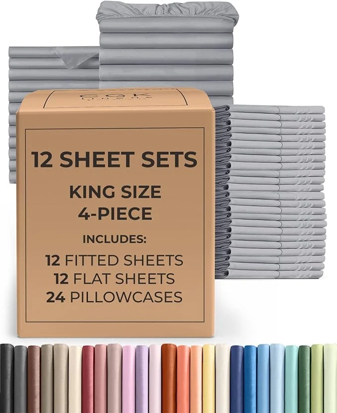 Premium Material Bulk Case Pack of 12 Sheet Sets – 12 Complete King Size Sheet Sets with Deep Pockets – Whole Bulk Bedding for Hotels Spas amp Airbnbs – Breathable Cooling and Wrinkle – King Steel Blue Quality