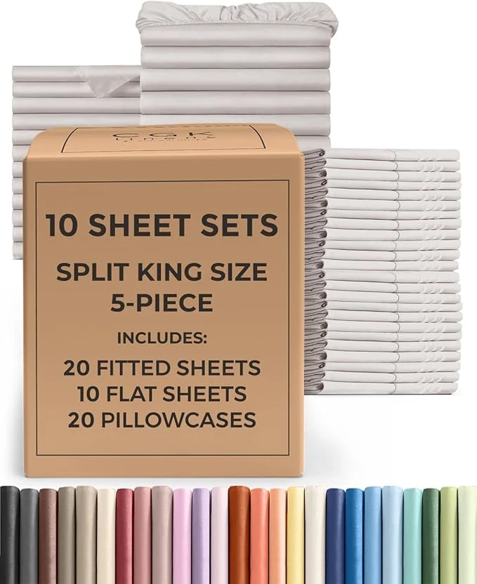 Elite Bulk Case Pack of 10 Sheet Sets – 10 Complete Sheet Sets – Bulk Split King Bedding – Whole Case Pack for Hotel amp Airbnbs – Deep Pocket amp Fade – Cooling amp Breathable – Split King Light Grey Powerful