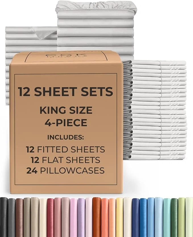 Casual Bulk Case Pack of 12 Sheet Sets – 12 Complete King Size Sheet Sets with Deep Pockets – Whole Bulk Bedding for Hotels Spas amp Airbnbs – Breathable Cooling amp Wrinkle – King French Grey Stylish