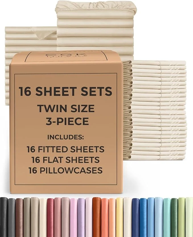 Professional Bulk Case Pack of 16 Sheet Sets – 16 Complete Twin Size Sheet Sets with Deep Pockets – Whole Bulk Bedding for Hotels Spas amp Airbnbs – Breathable Cooling Soft amp Wrinkle – Twin Wheat Refined