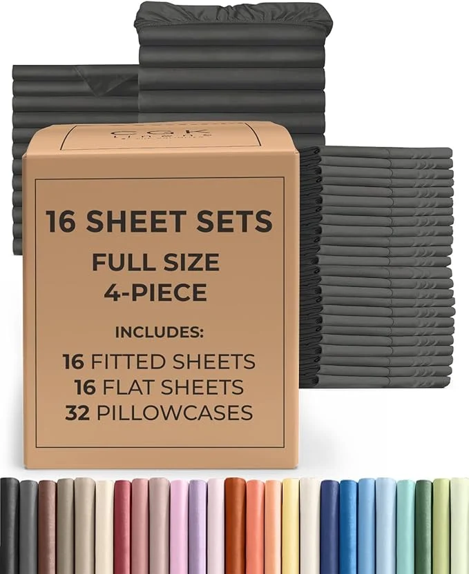 Official Bulk Case Pack of 16 Sheet Sets – 16 Complete Full Size Sheet Sets with Deep Pockets – Whole Bulk Bedding for Hotels Spas amp Airbnbs – Breathable Cooling Soft amp Wrinkle – Full Charcoal Stylish