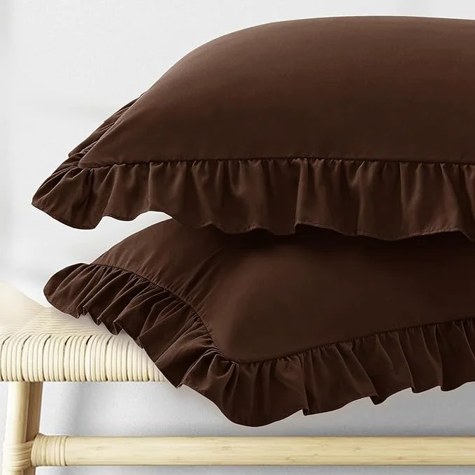 High-Quality KKJIAF Ruffle Pillow Cases Queen Size Set of 2 Ruffled Pillow Covers with Envelope Closure Wrinkle Resistant Ruffled Pillow Shams 20 quot x 30 quot Brown Enhanced
