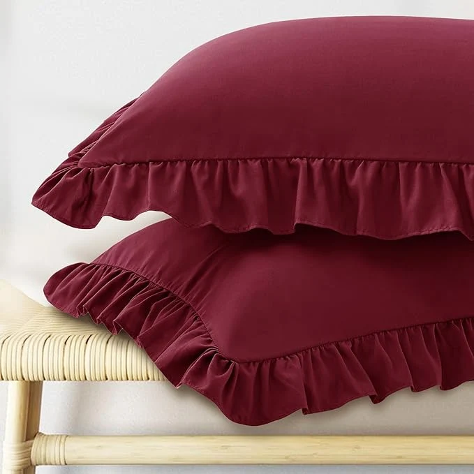 Trusted KKJIAF Ruffle Pillow Cases Queen Size Set of 2 Ruffled Pillow Covers with Envelope Closure Wrinkle Resistant Ruffled Pillow Shams 20 quot x 30 quot Burgundy Verified