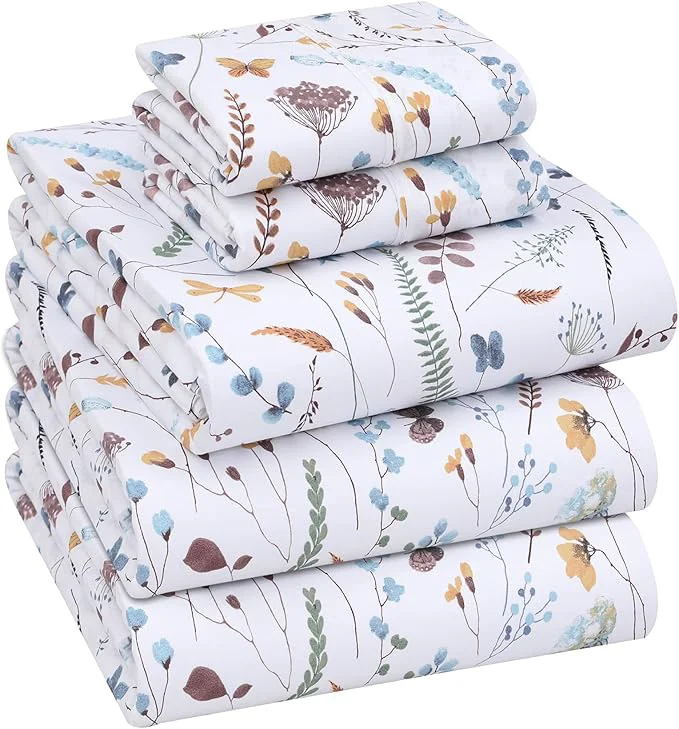 Optimized RUVANTI Cotton Sheets – Split King Size Percale Bedding Cooling amp Breathable Floral Design Durable with a Crisp Soft amp Comfortable Feel 16 quot Deep Pocket 5-Piece Set Fern Class Recyclable
