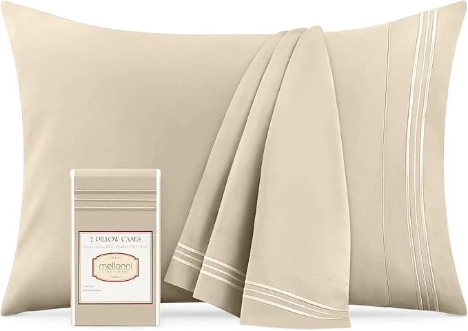Stylish Mellanni Pillow Cases – Luxury Extra Soft Cooling Pillow Covers – 2 PC Iconic Collection Pillowcases – Envelope Closure Standard Queen 20 quot x 30 quot Beige Original