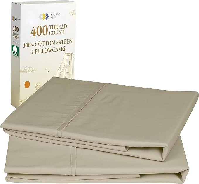 Safe California Design Den Standard Queen Size Pillowcase Set – 400 Thread Count Pillowcases Cotton Sateen Set of 2 Pillow Covers Soft and Breathable – Beige Golden Tone Recyclable