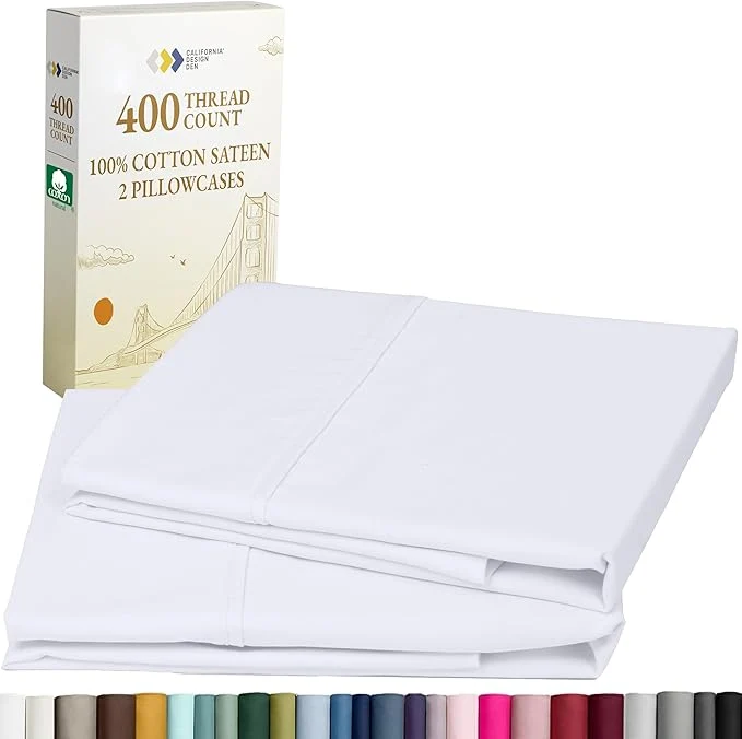 Exclusive California Design Den King Size Pillowcase Set – 400 Thread Count Cotton Sateen Set of 2 Pillow Covers Soft and Breathable – Bright White Trendy