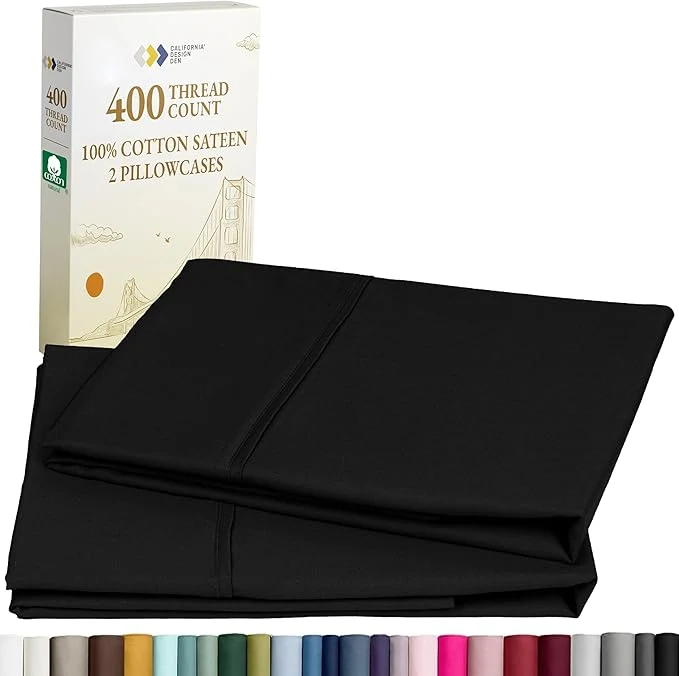 Effective California Design Den Standard Queen Size Pillowcase Set – 400 Thread Count Cotton Sateen Set of 2 Pillow Covers Soft and Breathable – Black User-Friendly
