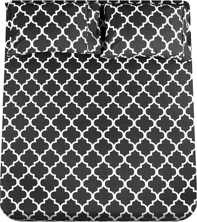 Elite Mejoroom King Bed Sheet Set – Super Soft Brushed Microfiber 1800 Thread Count Sheets with 15 inch Deep Pocket – Wrinkle – 4 Piece King Black Quatrefoil with White Pattern Certified