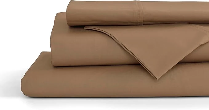 Smooth Linen Home Cotton Percale Sheets Full Size Earthy Brown Deep Pocket 4 Pieces Set – 1 Flat 1 Deep Pocket Fitted Sheet and 2 Pillowcases Crisp Cool and Strong Bed Linen Healthy