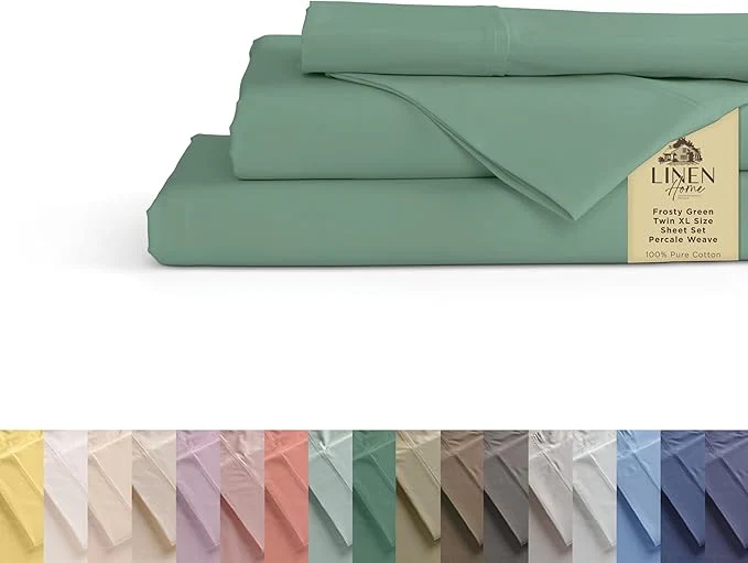 Consistent Linen Home Cotton Percale Sheets Twin XL Size Frosty Green Deep Pocket 3 Pieces Set – 1 Flat 1 Deep Pocket Fitted Sheet and 1 Pillowcase Crisp Cool and Strong Bed Linen Clean