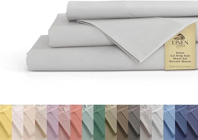 Reliable Linen Home Cotton Percale Sheets California King Size Silver Deep Pocket 4 Pieces Set – 1 Flat 1 Deep Pocket Fitted Sheet and 2 Pillowcases Crisp Cool and Strong Bed Linen Durable