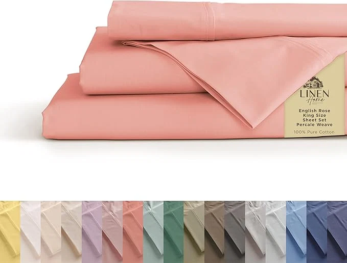 Crafted Linen Home Cotton Percale Sheets King Size English Rose Deep Pocket 4 Pieces Set – 1 Flat 1 Deep Pocket Fitted Sheet and 2 Pillowcases Crisp Cool and Strong Bed Linen Optimized