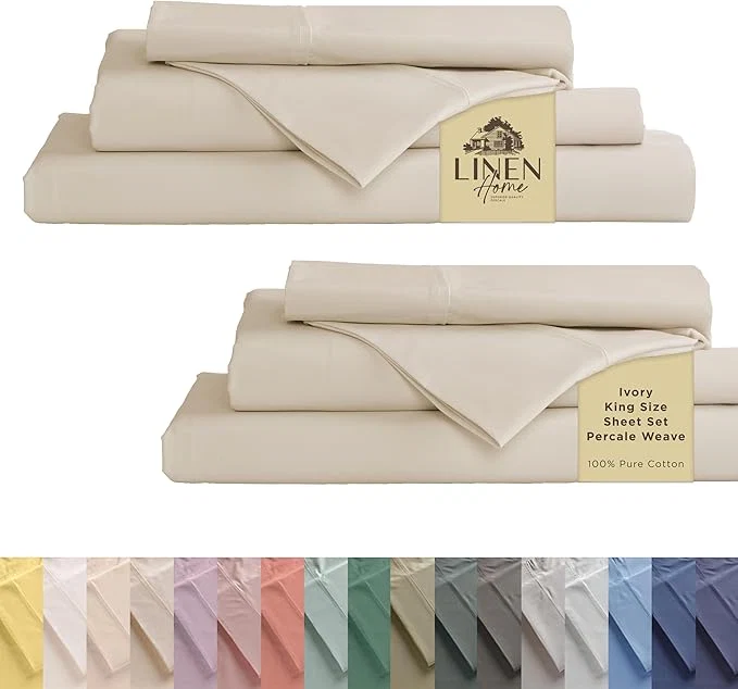 Long-Lasting Linen Home Cotton Percale Sheet Set Pack of 2 King Size Ivory Deep Pocket 8 Pieces Set – 2 Flat 2 Deep Pocket Fitted Sheet and 4 Pillowcases Crisp Cool and Strong Bed Linen Powerful
