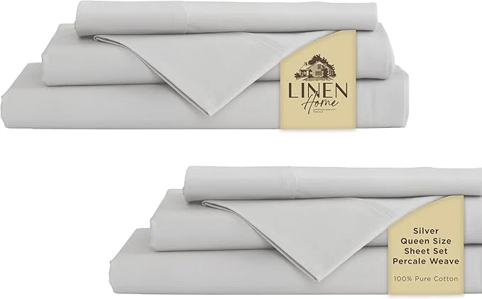Refined Linen Home Cotton Percale Sheet Set Pack of 2 Queen Size Silver Deep Pocket 8 Pieces Set – 2 Flat 2 Deep Pocket Fitted Sheet and 4 Pillowcases Crisp Cool and Strong Bed Linen Carefully Designed