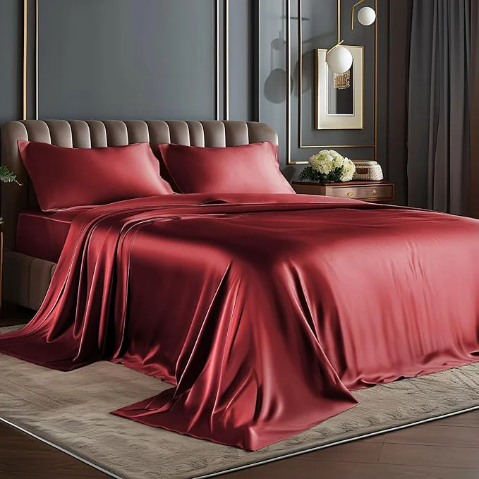 Elegant BEDELITE Satin Sheets Twin XL Size Bed Set Luxury Soft Burgundy Silky Sheets for Hair and Skin Similar to Silk Bed Sheets Set 3 Pieces （1 Deep Pocket Fitted Sheet 1 Flat Sheet and 1 Pillowcase） Trusted