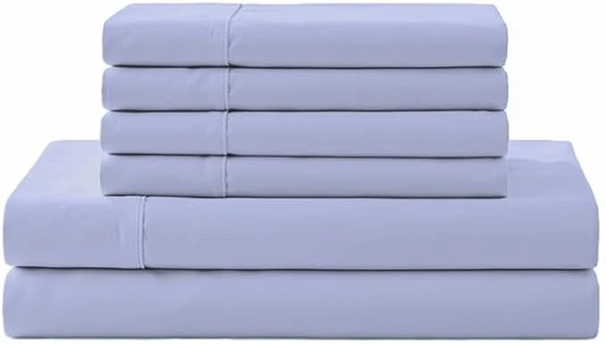 Authentic Linen Home Cotton Percale Sheet Set King Size Baby Blue Deep Pocket 6 Pieces Set – 1 Flat 1 Deep Pocket Fitted Sheet and 4 Pillowcases Crisp Cool and Strong Bed Linen Quality