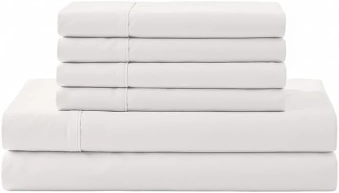 Lightweight Linen Home Cotton Percale Sheet Set King Size Snow White Deep Pocket 6 Pieces Set – 1 Flat 1 Deep Pocket Fitted Sheet and 4 Pillowcases Crisp Cool and Strong Bed Linen Contemporary