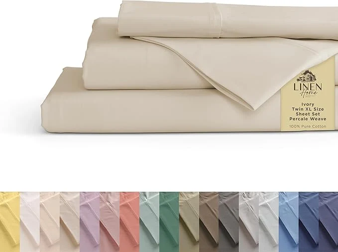 Elegant Linen Home Cotton Percale Sheets Twin XL Size Ivory Deep Pocket 3 Pieces Set – 1 Flat 1 Deep Pocket Fitted Sheet and 1 Pillowcase Crisp Cool and Strong Bed Linen High-Performance