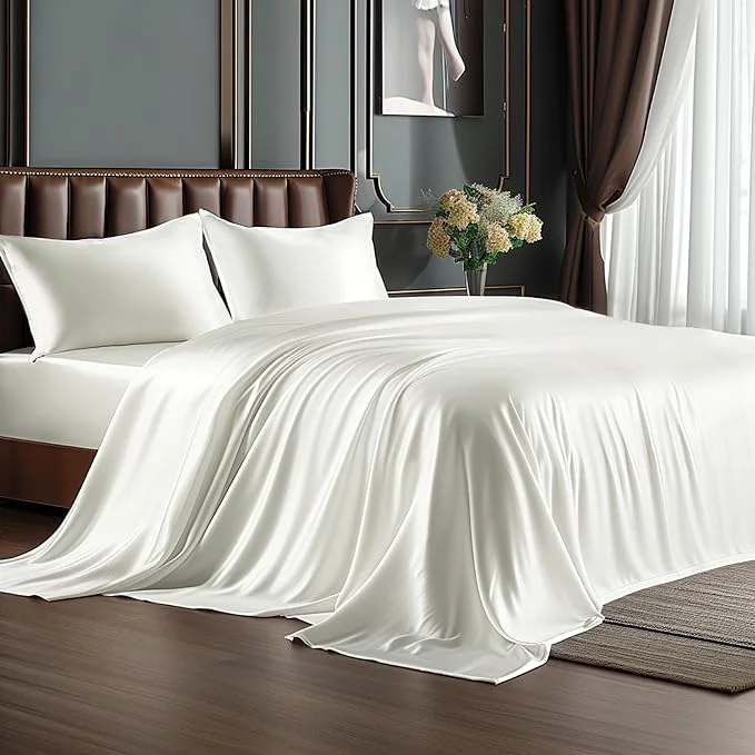 Smooth BEDELITE Satin Sheets Twin XL Size Bed Set Luxury Soft Ivory White Silky Sheets for Hair and Skin Similar to Silk Bed Sheets Set 3 Pieces （1 Deep Pocket Fitted Sheet 1 Flat Sheet and 1 Pillowcase） Eco-Friendly