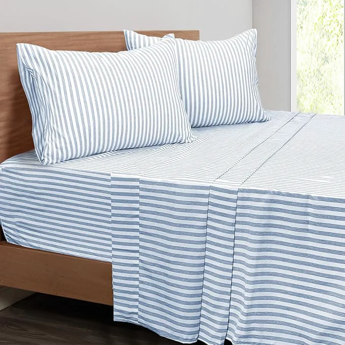 Authentic Mejoroom Striped Full Size Sheets – 1800TC Luxury Full Sheets with 16 Inch Deep Pocket – Premium Bedding Collection – Extra Soft Breathable Wrinkle Fade amp Stain Resistant – 4 Piece Blue Stripe Solid