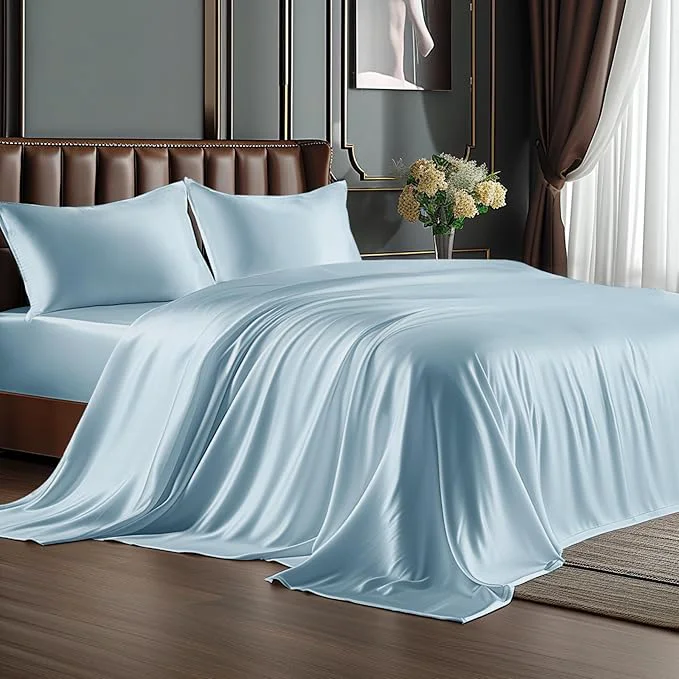 Fine BEDELITE Satin Sheets Queen Size Bed Set Luxury Soft Light Blue Silky Sheets for Hair and Skin Similar to Silk Bed Sheets Set 4 Pieces （1 Deep Pocket Fitted Sheet 1 Flat Sheet and 2 Pillowcases） Casual