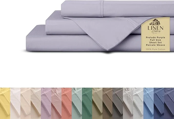 Innovative Linen Home Cotton Percale Sheets Full Size Prelude Purple Deep Pocket 4 Pieces Set – 1 Flat 1 Deep Pocket Fitted Sheet and 2 Pillowcases Crisp Cool and Strong Bed Linen Reliable