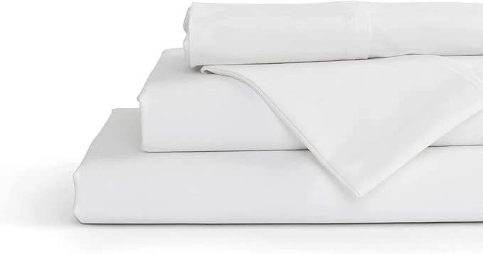 Reusable Linen Home Cotton Percale Sheet Set Twin Size White Deep Pocket 4 Pieces Set – 1 Flat 1 Deep Pocket Fitted Sheet and 2 Pillowcases Crisp Cool and Strong Bed Linen Responsible