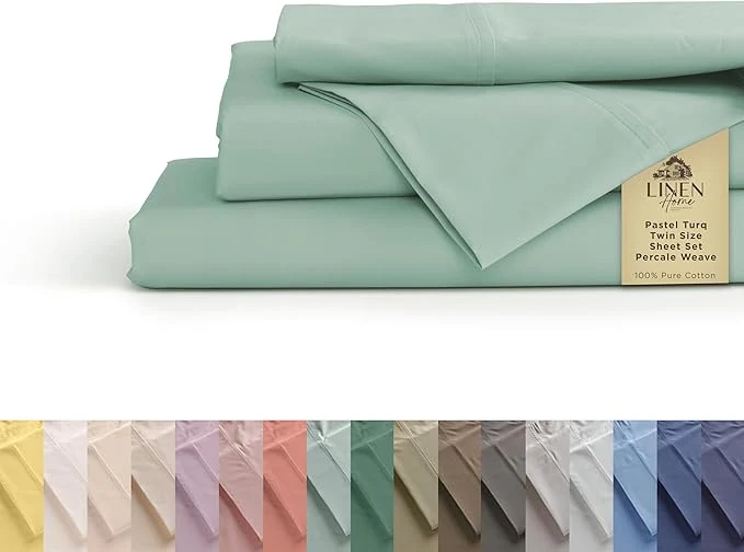 Fast Linen Home Cotton Percale Sheets Twin Size Pastel Turk Deep Pocket 3 Pieces Set – 1 Flat 1 Deep Pocket Fitted Sheet and 1 Pillowcase Crisp Cool and Strong Bed Linen High-Quality