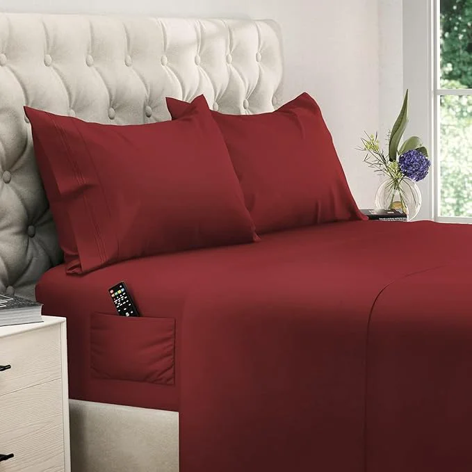 Versatile DREAMCARE Twin XL Sheet Sets – 4pc Cooling Sheets XL Twin Sheets – up to 21 Deep Pocket – Hotel Luxury Extra Long Twin XL Bed Sheets Brushed Microfiber with Side Pocket – Burgundy Contemporary