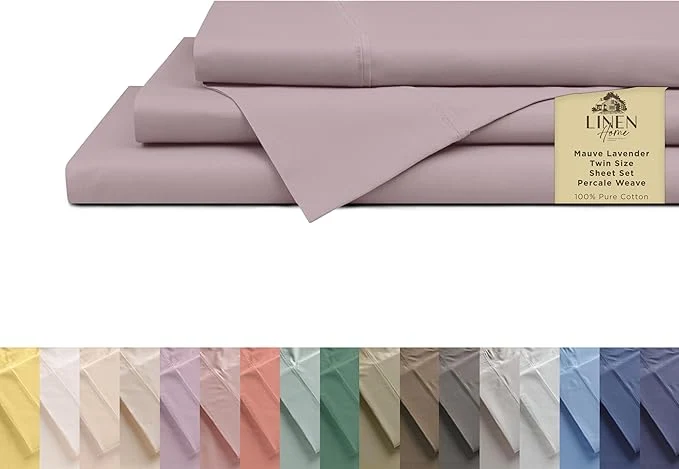 Effective Linen Home Cotton Percale Sheets Twin Size Mauve Lavender Deep Pocket 3 Pieces Set – 1 Flat 1 Deep Pocket Fitted Sheet and 1 Pillowcase Crisp Cool and Strong Bed Linen Flexible