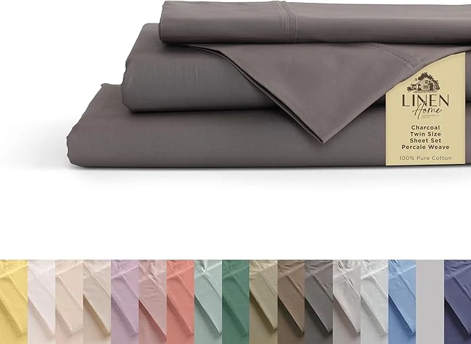 Stylish Linen Home Cotton Percale Sheets Twin Size Charcoal Deep Pocket 3 Pieces Set – 1 Flat 1 Deep Pocket Fitted Sheet and 1 Pillowcase Crisp Cool and Strong Bed Linen Dependable