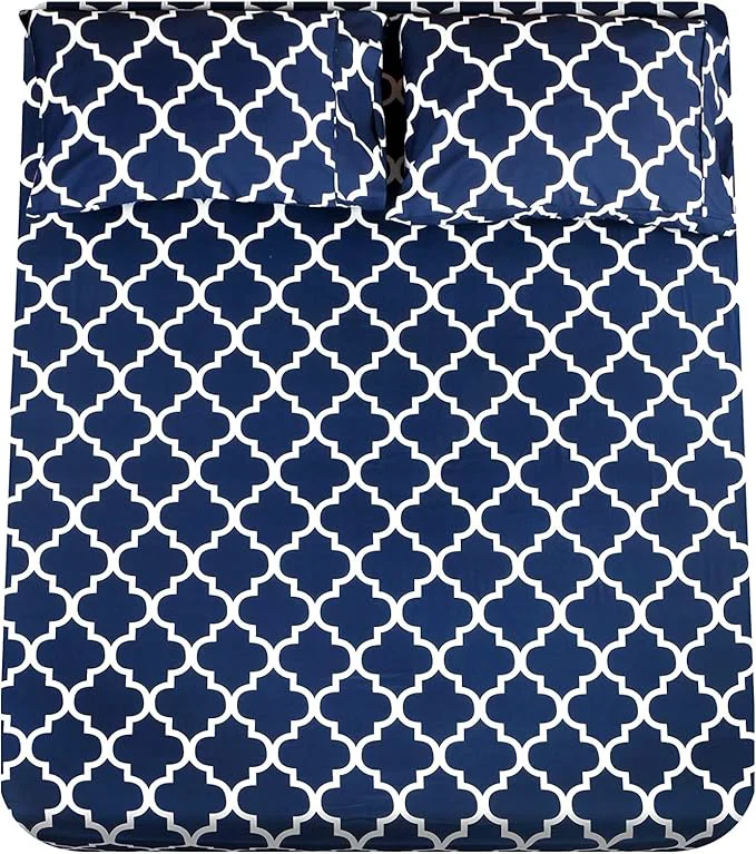 Excellent Mejoroom Full Bed Sheet Set – Super Soft Brushed Microfiber 1800 Thread Count Full Sheets with 16 inch Deep Pocket – Wrinkle – 4 Piece Navy Quatrefoil with White Pattern Elite