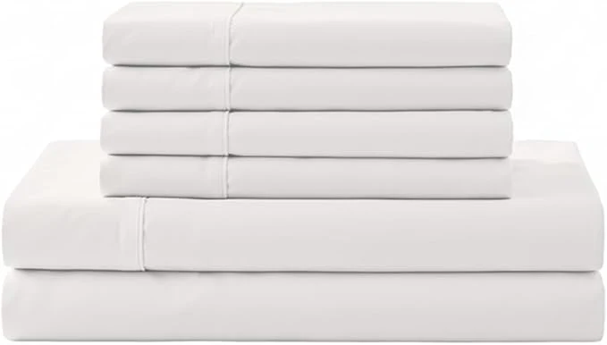 Expertly Made Linen Home Cotton Percale Sheet Set Queen Size White Deep Pocket 6 Pieces Set – 1 Flat 1 Deep Pocket Fitted Sheet and 4 Pillowcases Crisp Cool and Strong Bed Linen Versatile