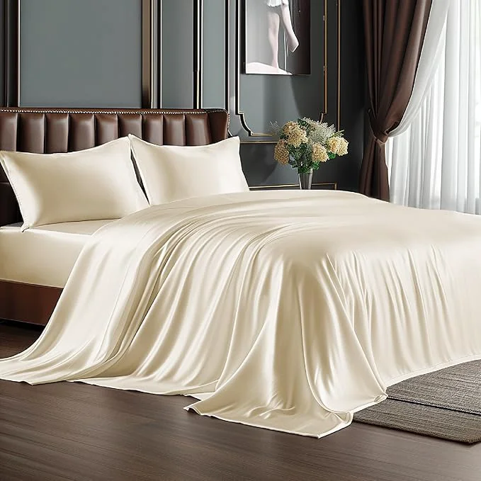 Reusable BEDELITE Satin Sheets Twin XL Size Bed Set Luxury Soft Beige Silky Sheets for Hair and Skin Similar to Silk Bed Sheets Set 3 Pieces （1 Deep Pocket Fitted Sheet 1 Flat Sheet and 1 Pillowcase） Expertly Made