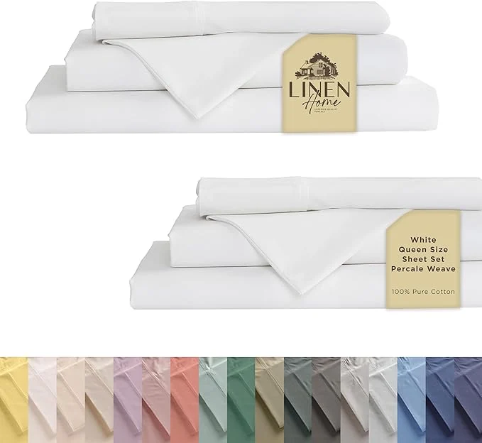 Safe Linen Home Cotton Percale Sheet Set Pack of 2 Queen Size White Deep Pocket 8 Pieces Set – 2 Flat 2 Deep Pocket Fitted Sheet and 4 Pillowcases Crisp Cool and Strong Bed Linen Excellent