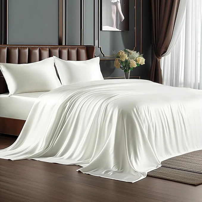 BEDELITE King Size Sheets Set Luxury Soft Ivory White Satin Sheets for Hair and Skin Similar to Silk Bed Sheets Set 4 Pieces with 1 Deep Pocket Fitted Sheet 1 Flat Sheet and 2 Pillowcases Recyclable