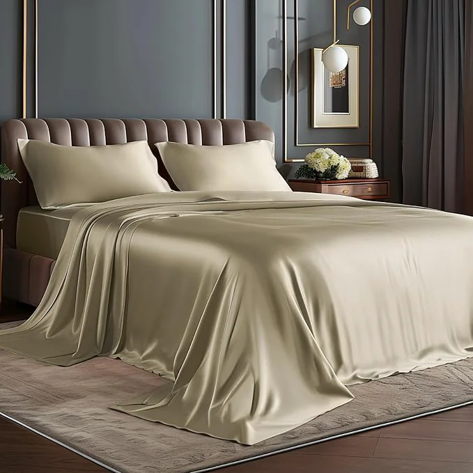 Optimized BEDELITE King Size Sheets Set Luxury Soft Taupe Satin Sheets for Hair and Skin Similar to Silk Bed Sheets Set 4 Pieces with 1 Deep Pocket Fitted Sheet 1 Flat Sheet and 2 Pillowcases First-Class