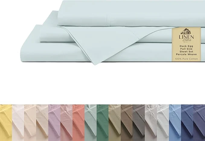 User-Friendly Linen Home Cotton Percale Sheets Full Size Blue Duck Egg Deep Pocket 4 Pieces Set – 1 Flat 1 Deep Pocket Fitted Sheet and 2 Pillowcases Crisp Cool and Strong Bed Linen Sophisticated