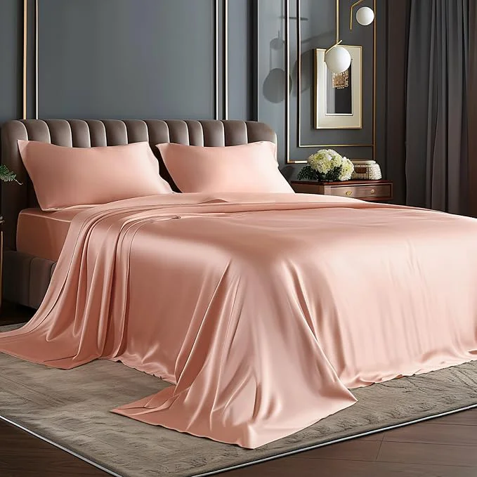 Relaxed BEDELITE King Size Sheets Set Luxury Soft Coral Pink Satin Sheets for Hair and Skin Similar to Silk Bed Sheets Set 4 Pieces with 1 Deep Pocket Fitted Sheet 1 Flat Sheet and 2 Pillowcases Modern