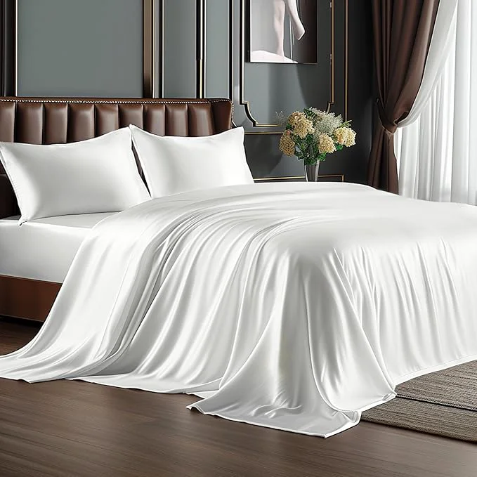 Efficient BEDELITE Satin Sheets Queen Size Bed Set Luxury Soft White Silky Sheets for Hair and Skin Similar to Silk Bed Sheets Set 4 Pieces （1 Deep Pocket Fitted Sheet 1 Flat Sheet and 2 Pillowcases） Top-Quality