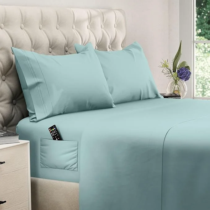 Optimized DREAMCARE Queen Sheet Set – 4 pcs Cooling Sheets – up to 21 Extra Deep Pocket Queen Sheets – Hotel Luxury Sheets amp Pillowcases – Superior Softness Microfiber with Side Pocket – Spa Blue Contemporary